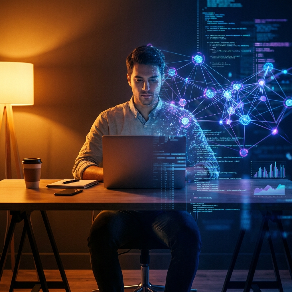 Freelancer merging with AI digital structure